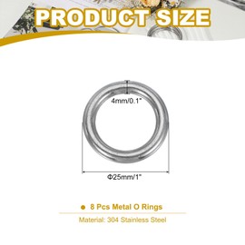 PATIKIL Anillo en O metálico de 1", 8 piezas de anillos en O de acero inoxidable 304 resistentes para manualidades de bricolaje, cinturones, correas para perros, macramé, 4x25mm