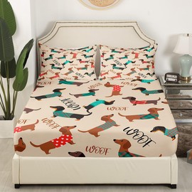 Cute Dog Fitted Sheet - Colorful Dog Print Bed Sheets for Kids, Cartoon Dachshund Puppy Bedding Set - Full Size, Ultra Soft + 2 Pillowcases