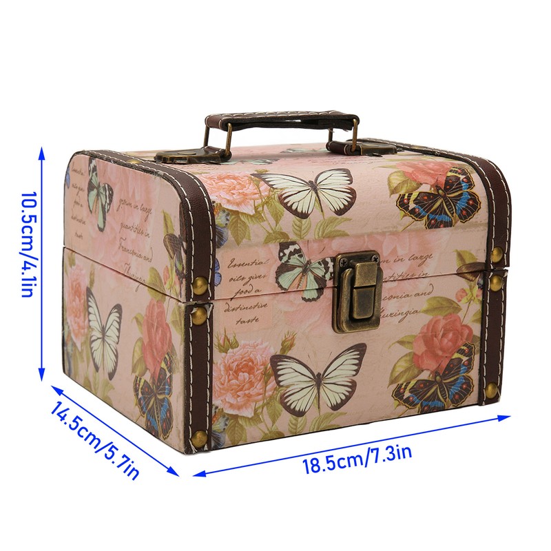 Treasure Chest Box Pink Butterfly Pattern Exquisite Retro Wooden PU