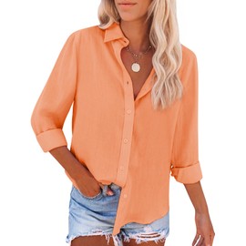 siliteelon Button Down Shirts for Women Dress Shirts Long Sleeve Wrinkle-Free Blouse Casual Solid Office Work Tunic Top - Oxford Orange L
