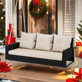 YITAHOME 3-Seats Outdoor Hanging Porch Swing Chair Rattan Black Wicker Patio Swing Chair with Swing Lounge 3 Light Brown Back Cushions Capacity for Garden, Balcony, Courtyard, Gazebo, Porch