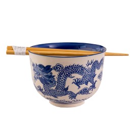 Urban Tokyo Handpainted Ceramic Glazed Japanese Ramen Udon Noodle Rice Bowl With Chopsticks 20 fl oz 5 inch Diameter Bowl Sets Color Box Packaging (Oriental Dragon Blue)