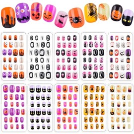 240 uñas postizas para niñas, uñas postizas acrílicas cortas de cobertura completa, kit de decoración para Halloween.