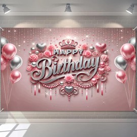HOMETITUTE Happy Birthday Backdrop Banner Sign Elegant Pink And Silver Happy Birthday Backdrop With Crown And Balloons 96x72 Inch Decorative Party Banner For Birthdays Party Decoration Supplies