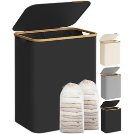 SONGMICS Laundry Hamper with Lid, 2-Section Large Laundry Basket, 34.3-gallon (130L), Removable Mesh Liner, Bamboo Handles, Collapsible, 20.5 x 15.2 x 27.8 Inches, Ink Black ULCB513B01