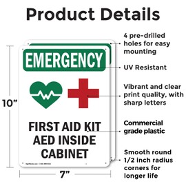 (2 Pack) First Aid Kit AED With Symbol OSHA Emergency Sign 7 Inch X 10 Inch Plastic Sign, Weather Resistant, UV Protected for Workplace, Business, and Construction Site, Made in the USA