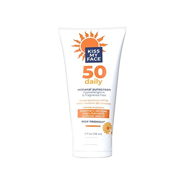 Kiss My Face Daily Sunscreen Lotion SPF 50-Water-Resistant Sunscreen Mineral Lotion-Reef-Friendly & Cruelty-Free -Hypoallergenic And Fragrance-Free With Sunflower Seed Oil and Chamomile - 4 fl oz Tube