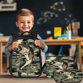 Luxvio Bass Fish School Backpack for Teens Kids Kindergarten Elementary Middle School Fishing 3-Pcs Bookbag, Camo Fish Back Pack for Boys Girls Children Fishing Book Bag, Small Modern Bag
