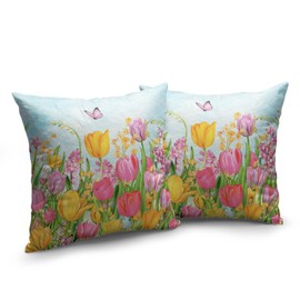 Kwlegh Tulip Pillow Covers 18x18 Set of 2 Spring Throw Pillow Covers Pink Yellow Tulip Floral Outdoor Pillowcase Watercolor Cotton Linen Cushion Case for Sofa Outdoor Patio