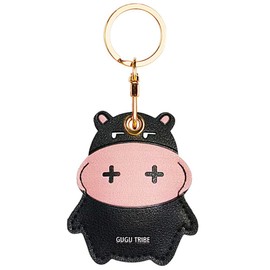 Leather Anti-Lost Keychain Case Cover for AirTags Tracker Holder, Anti-Drop Scratch Cute Black Hippo AirTag Holder with Keychain Accessories for Women Kids Pets Backpacks (Black Hippo)
