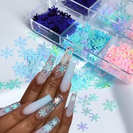 3D Snowflakes Nail Art Sequins Blue Snowflake,Pink Snowflakes,White Snowflake,Holographic Snow Flake for Christmas Nail Glitter Flakes Decals,Winter Xmas Nail Art Decorations Christmas Party 12 Grids