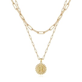 Ursteel Layered Initial Necklaces for Women - Gold Plated Dainty Layering Paperclip Chain Necklace Letter R Initial Coin Pendant Necklaces Gold Choker Necklaces for Women Jewelry Gifts