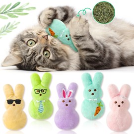MALLMALL6 5Pcs Easter Bunny Catnip Toys Gift for Cat Lover, Colorful Rabbit with Carrot Pattern Catmint Interactive Toy for Indoor Cats, Soft Plush Pet Presents Supplies, Kitten Teething Chew Kick Set
