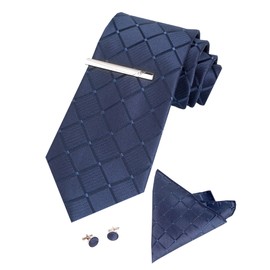 SIILLKEVIN Silk Necktie and Pocket Square Cufflink Tie Clip Set Checkered Plaid Gift for Men's Tie Navy Blue Formal Business Meeting