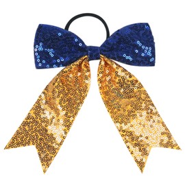 Xansema Large Cheer Bows Sequin Cheer Hair Bow for Girls, Glitter Cheer Bows Ponytail Cheerleading Ribbon Holder Hair Band for Women Teen Girls (Deep Blue Yellow)