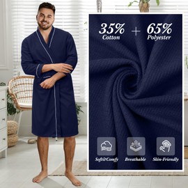 Cuffbow Cotton Robe for Women and Men Lightweight Waffle Knit Bathrobe Couple V Neck Spa Sleepwear(Men,2x-3xl,Navy Blue)