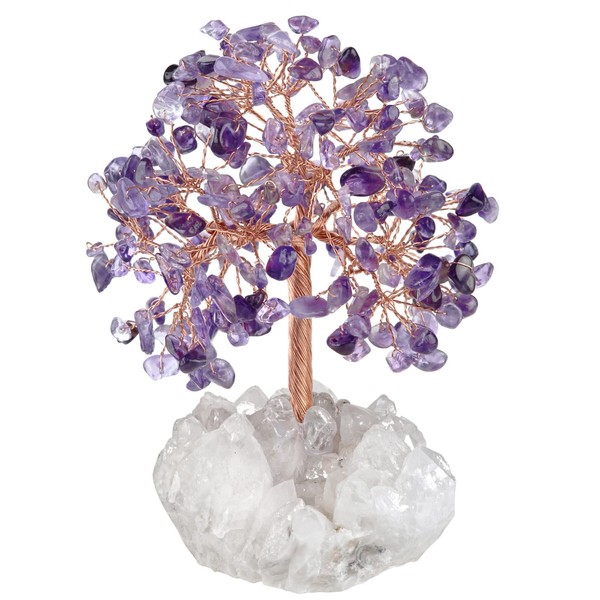 Nupuyai Amethyst Crystal Money Tree with Rock Crystal Cluster Base, Good Luck Fengshui Figurine Spiritual Healing Stone Tree Ornament for Home Office Decor