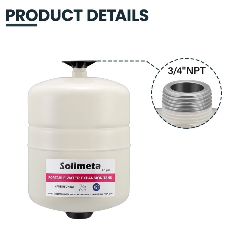 Solimeta 2.1 Gallon Potable Water Expansion Tank with Adjustable Wall