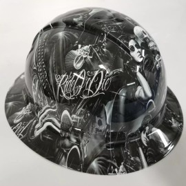 Pyramex full brim hard hat custom hydro dipped IN RIDE OR DIE OUTLAW BIKER - 6pt suspension