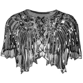BAOKELAN Women 1920s Shawl Sequin Beaded Evening Cape Retro Wraps Scarf Cover Up for Wedding Party Bride Dress Black Silver