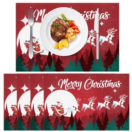 Christmas Placemats Set of 4, Faux Leather Placemats Heat Resistant, 11"x17" Red Christmas Table Mats Santa&Reindeer Printed, Waterproof Wipeable Washable Anti-Slip Place Mats Xmas Party Dining Decor