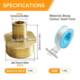 Lyeteung 1 Piece G3/4 Male to G1/4 Male, Brass Hex Nipple Male Thread, Hex Nipple, with Thread Sealing Tape, for Pipe Connection