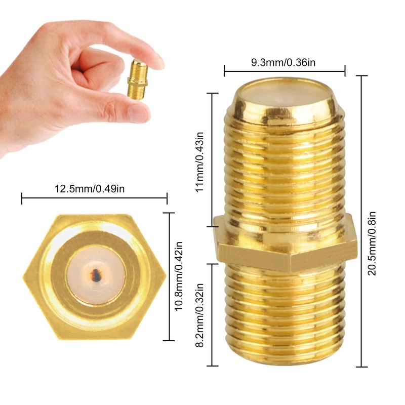 VCE Coaxial Cable Connector, RG6 Coax Cable Extender F-Type Gold