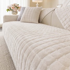 Aucrovee Velvet Washable Couch Cover for Pets Dogs, Non Slip Sectional Sofa Covers for 3 Cushion Couch Sofa L Sharped Sofa Slipcovers, Furniture Protector (1 PCS 36"x94", White)