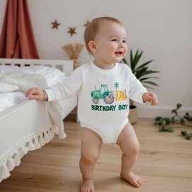 MAHUAOYIXI Baby Boy First Birthday Outfit Birthday Crew Neck Tractor Print Long Sleeve Bodysuit Infant Sweatshirt Romper for Toddler Baby Boys (Green, 6-12 Months)