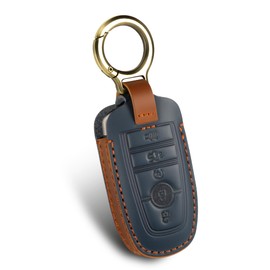 Riasot for Ford Leather Key Fob Cover with Keychain,Leather Key Case Full Protector Compatible with Edge Escape Expedition Explorer Bronco Mustang F150 Lincoln (Blue)