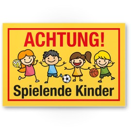 Komma Security Achtung Spielende Kinder Schild 30 x 20 cm Hinweisschild Warnzeichen Warnschild langsam fahren Warnung Hinweis Spielstraße Spielplatz - Vorsicht spielende Kinder