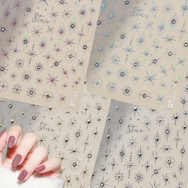 Star Nail Stickers for Nail Art, 4 Sheet Shiny Gold Silver Pink Star Nail Art Design Decals, 3D Glitter Self-Adhesive Star Nail Art Stickers for Women Girls Manicure Decoration Supplies