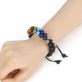 Top Plaza Black Agate Bead Chakra Bracelet 7 Chakras Healing Crystals Bracelet Yoga Stone Beads Bracelets Meditation Relax Anxiety Bangle for Womens Mens