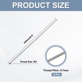 sourcing map Fully Threaded Rod M4 x 250mm 0.7mm Thread Pitch 304 Stainless Steel Right Hand Threaded Rods Bar Studs Long Threaded Screw 2 Pack