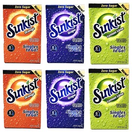 Sunkist Zero Sugar Singles To Go Bulk Variety Pack - 3 Flavors - Orange, Grape and Lemon Lime - 6 Total Boxes for 36 Total Singles to Go Packets - 2 Boxes of Each Flavor - 6 Flavor Sticks Per Box
