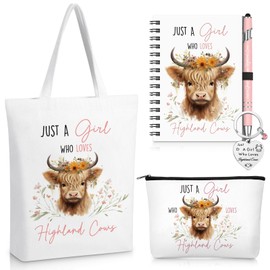 Sinmoe 5 Pcs Highland Cow Gifts Set for Women Includes Print Canvas Tote Bag Just a Girl Who Loves Highland Cows Cosmetic Bag Animal Lover Gift Keychain Western Themed Coil Notebook and Ballpoint Pen