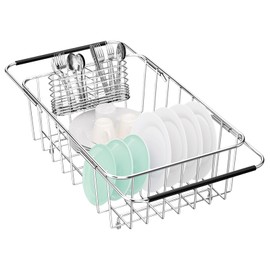 Fanbsy Small Dish Drainer Rack in Sink Adjustable, Expandable Stainless Steel Metal Dish Drying Rack Organizer with Stainless Steel Utensil Holder Over Inside Sink Counter, Rustproof(for 1-2 People)