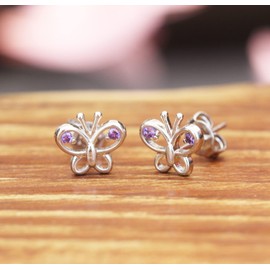Kaguyo Butterfly Earrings for Women - 925 Sterling Silver Clear and Pink Amethyst CZ Cute Butterfly Stud Earrings for Women and Girls, Birthday Gift (Amethyst)