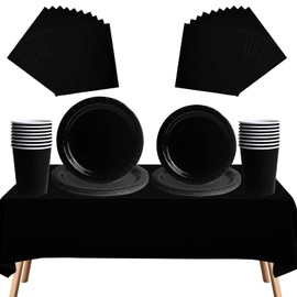 69pcs Black Disposable Tableware Set - 20 Napkins, 16 Cups, 16pcs 7inch and 9inch Plates, 1pcs Black Tablecloths | Biodegradable Dinnerware for Birthdays, Weddings, Kids Adult Christmas Party