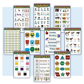 10 Educational Posters for kids Alphabet, Numbers 1-100, Days of week, Months, count 1-10, Money, shapes 2D 3D, Feelings, Farm Animals, Colors Young N Refined (Glossy Paper 13x18)