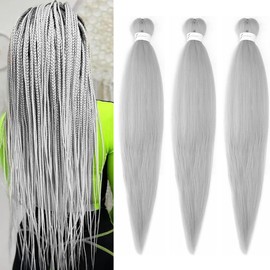 Pre Stretched Braiding Hair Extensions 3 Packs 36 Inch Gray Braiding Hair Synthetic Braids Hair Extension for Women Hot Water Setting(36Inch,Gray)