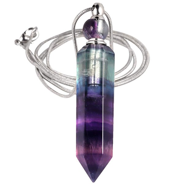SUNYIK Fluorite Stone Essential Oil Diffuser Necklace for Women, Hexagonal Pointed Healing Crystal Perfume Bottle Pendant with Chain for Men, 28"