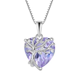 FJ Heart Tree of Life Necklace Women's 925 Sterling Silver Tree of Life Necklace Pendant Birthstone Jewellery Gifts for Women, Cubic Zirconia, Alexandrite