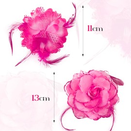 BOFUNX 2Pcs Flower Feather Fascinators 3 in 1 Rose Hair Clip Brooch Corsage Large Feather Flower Hair Accessories for Women Girls Birthday Wedding Party (Fuchsia Hot Pink)