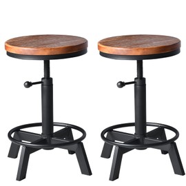 BOKKOLIK Set of 2-Industrial Bar Stool-Counter Height Chairs- Swivel Wooden Seat- Adjustable 17.7-24inch