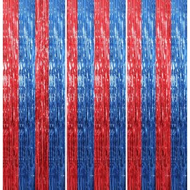 Fachoige 3.2ft x 6.6ft Metallic Tinsel Foil Fringe Curtains Wedding for Birthday Engagement Bridal Shower Bachelorette Holiday Celebration Party Decorations (L-Blue and Red, 3 Pack)
