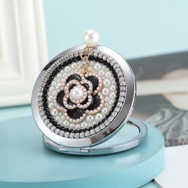 Amanman Espejo compacto de 7,6 cm, espejo pequeño para bolso, espejo de mano de aumento 1x/2x, espejo de maquillaje de viaje para mujer, regalo para mujeres (camellia)