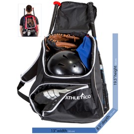 Athletico Baseball Bat Bag - Backpack for Baseball, T-Ball & Softball Equipment & Gear for Youth and Adults | Holds Bat, Helmet, Glove, Shoes | Separate Shoe Compartment, Fence Hook (Black)