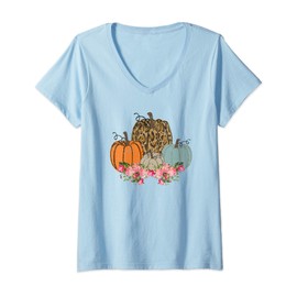 Womens Vintage Pumpkin Fall Leopard Print Rustic Boho Style Autumn V-Neck T-Shirt
