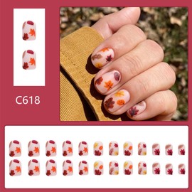 Fall Maple Leaf Press on Nails Short Square Fake Nails with Autumn Maple Leaves Matte Artificial False Nails Full Cover Stick on Nails Thanksgiving Glue on Nails for Women 24 Pcs